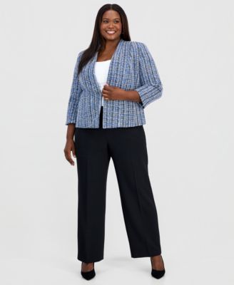 Plus Size Open-Front 3/4-Sleeve Tweed Cardigan