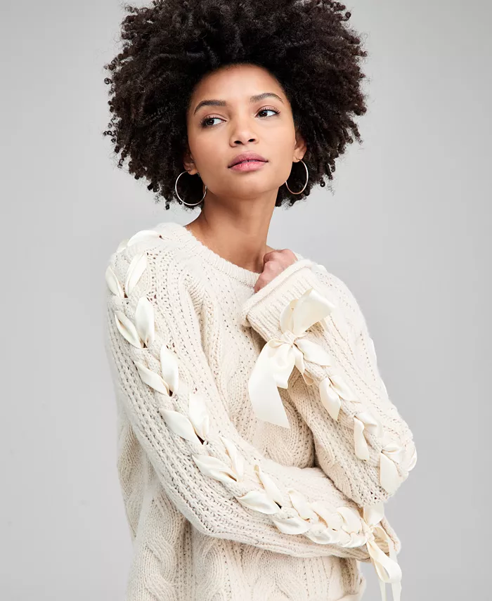 Women's Satin-Bow-Sleeve Sweater - thumbnail 3
