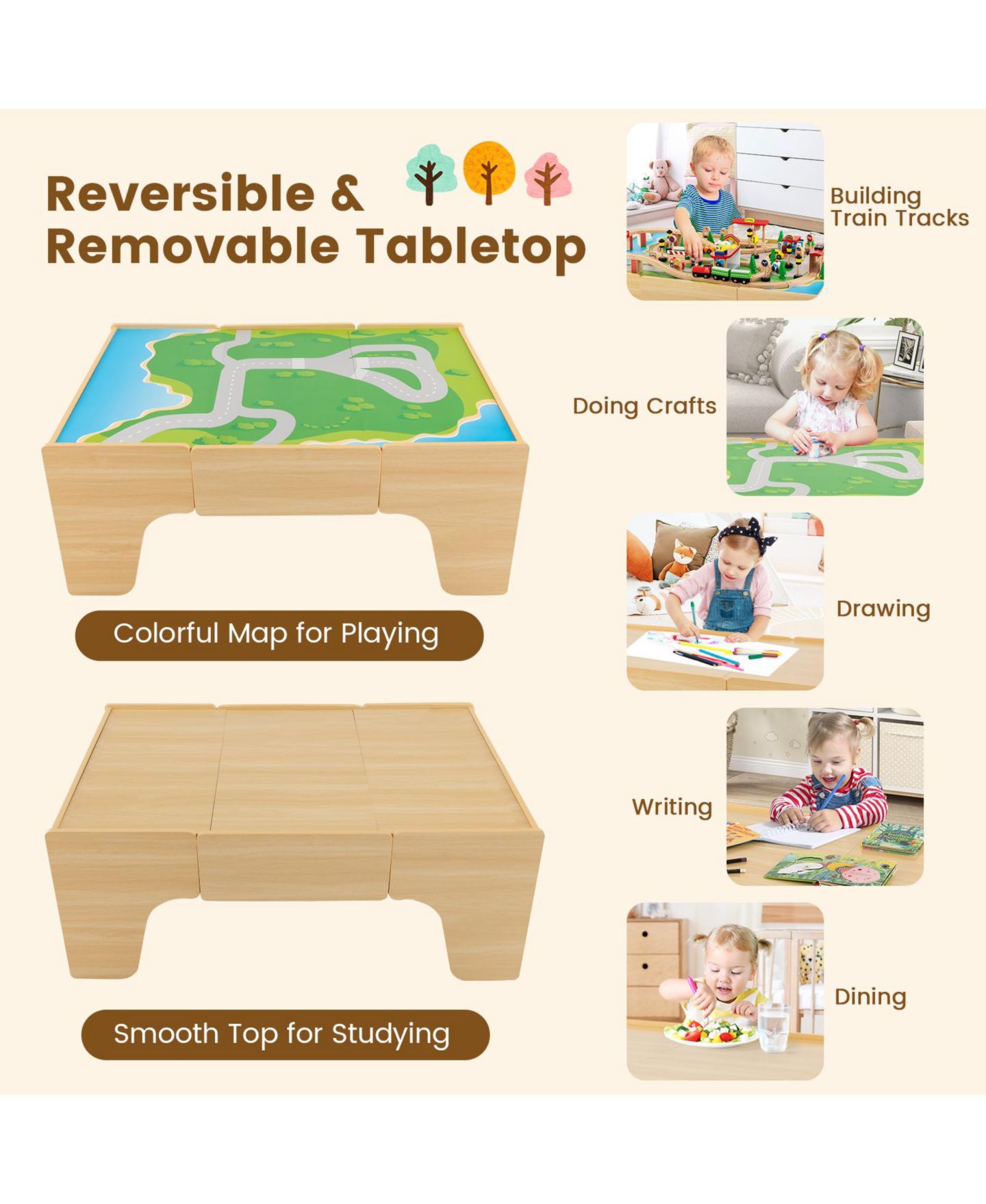 Детские игрушки Mecale 84-Piece Wooden Reversible Tabletop Train Table Set, цвет: Nature — фото 8