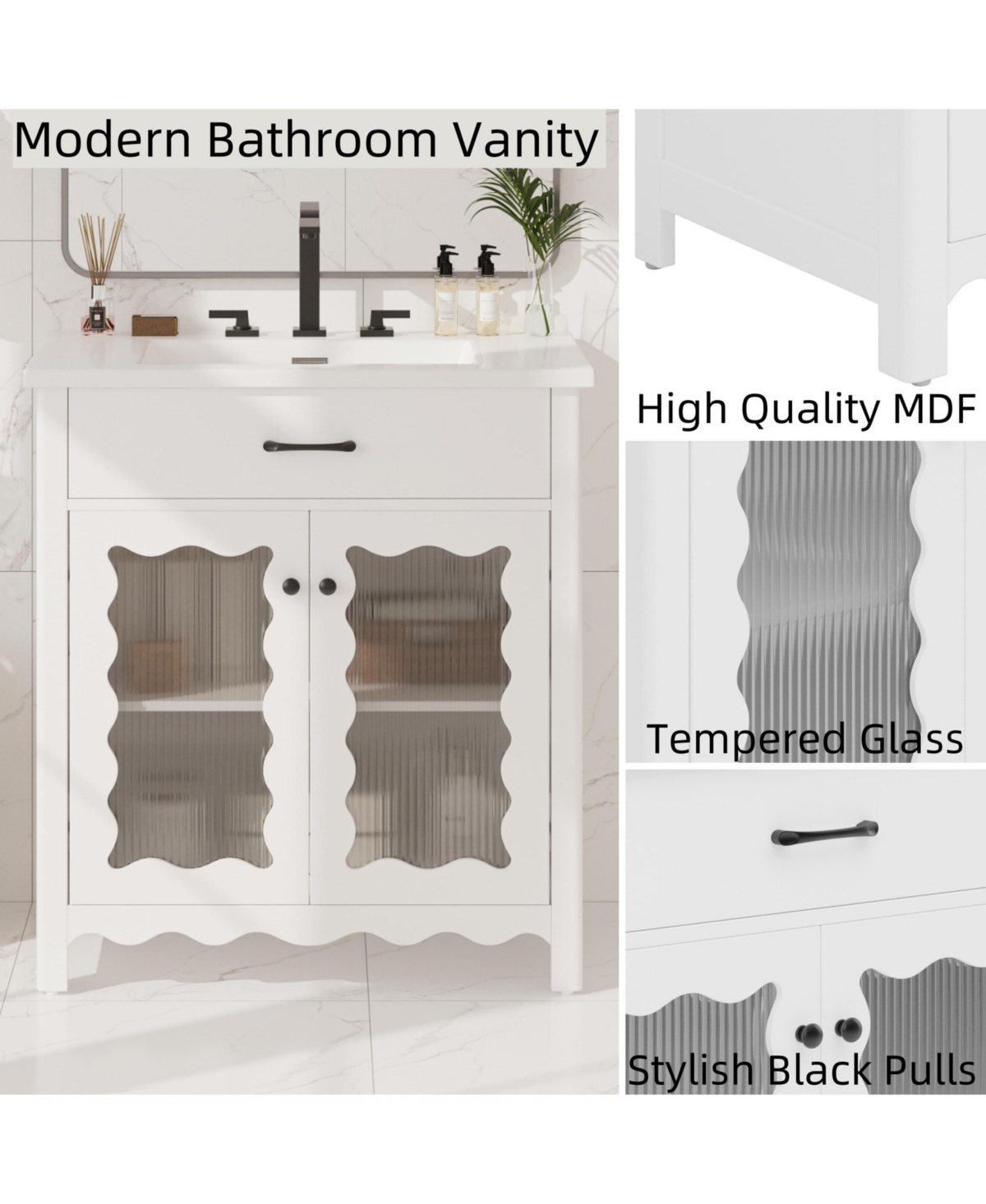 Airsurfer 31 Inch Bathroom Vanity with Tempered Glass Modern Bathroom Cabinet with Rubber Wood Legs and Soft Close Doors Freestanding Storage White