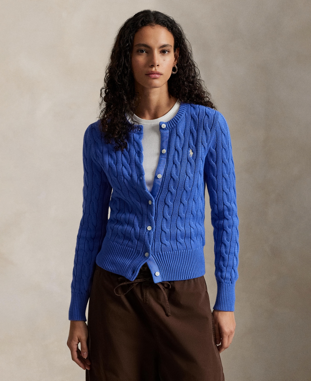 Polo Ralph Lauren Women's Cable-knit Cotton Crewneck Cardigan Sweater In Blue