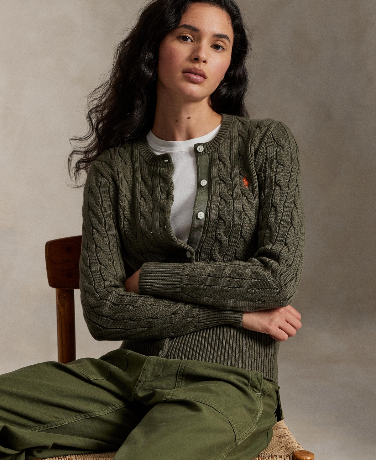 Polo Ralph Lauren Women's Cable-knit Cotton Crewneck Cardigan Sweater In Green