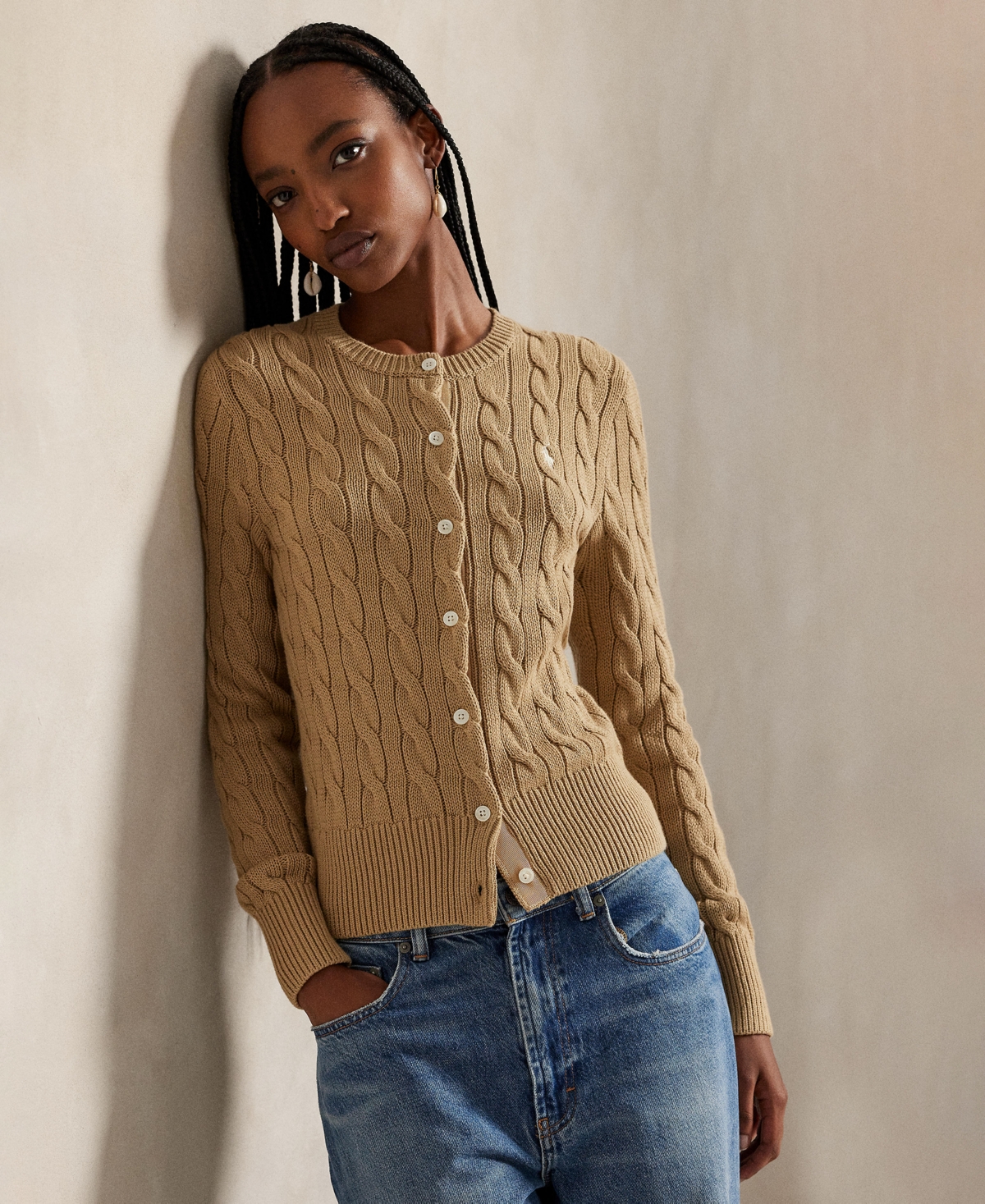 Polo Ralph Lauren Women's Cable-knit Cotton Crewneck Cardigan Sweater In Brown