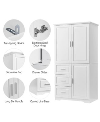 Tall and Wide Storage Cabinet with Doors and Three Drawers White Freestanding Organizer for Bathroom Office and Living Room