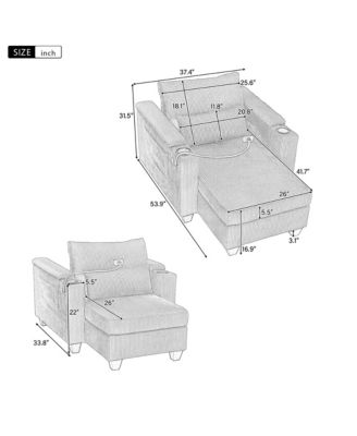 Convertible Chaise Lounge 37.4 Inches Sofa Chair Sofa Bed Corduroy Sleeper with USB Ports , Two Cup Holders, Phone Holder and Ample Storage Space