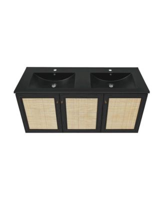 48" Wall-Mounted Bathroom Vanity in Black Oak with Black Double Basin Sink Top