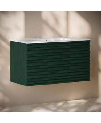 36 "  Wall-Mounted Bathroom Vanity in Green Oak with 3-Hole Widespread Sink Top