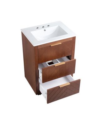24" Freestanding Bathroom Vanity in Brown Oak with 3-Hole Centerset Sink Top