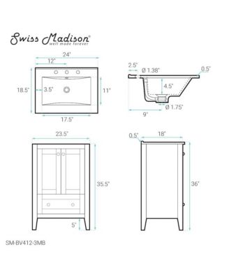 Cannes 24 in. White Bathroom Vanity With Black, 3-Hole Ceramic Sink Top