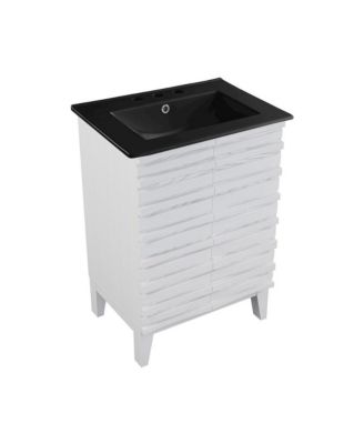 Cascade 24 in. White Oak Bathroom Vanity With Black, 3-Hole Ceramic Sink Top