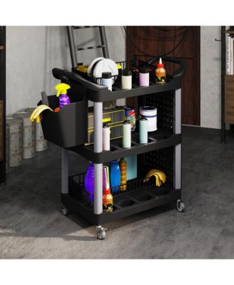 3-Tier Rolling Tool Cart, Utility Cart with Side Shelf and Hook