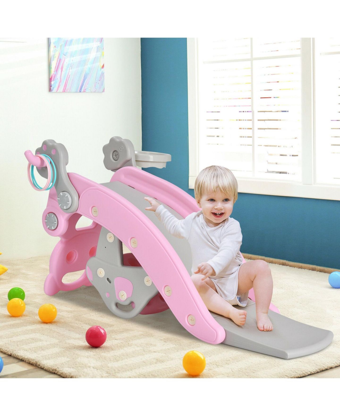 Детский игровой набор Mecale 4-in-1 Toddler Slide and Rocking Horse Playset with Basketball Hoop, Ages 1-5, цвет: Розовый — фото 2