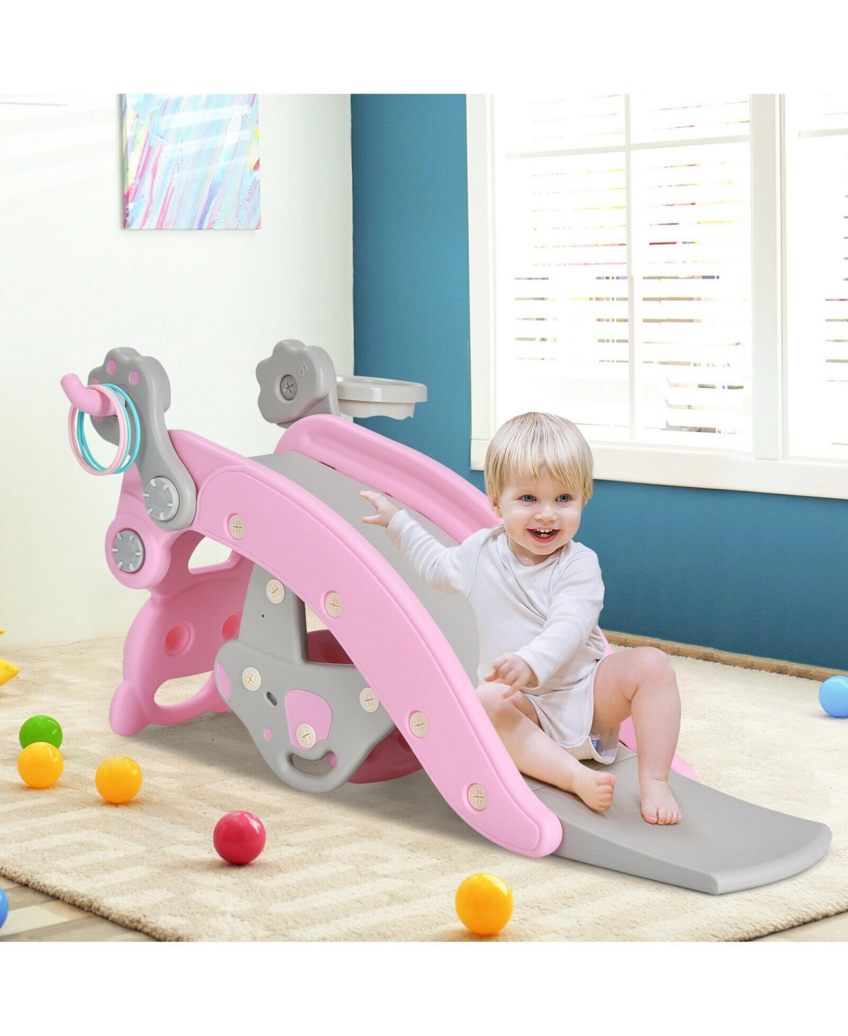 Mecale 4-in-1 Toddler Slide and Rocking Horse Playset with Basketball Hoop
