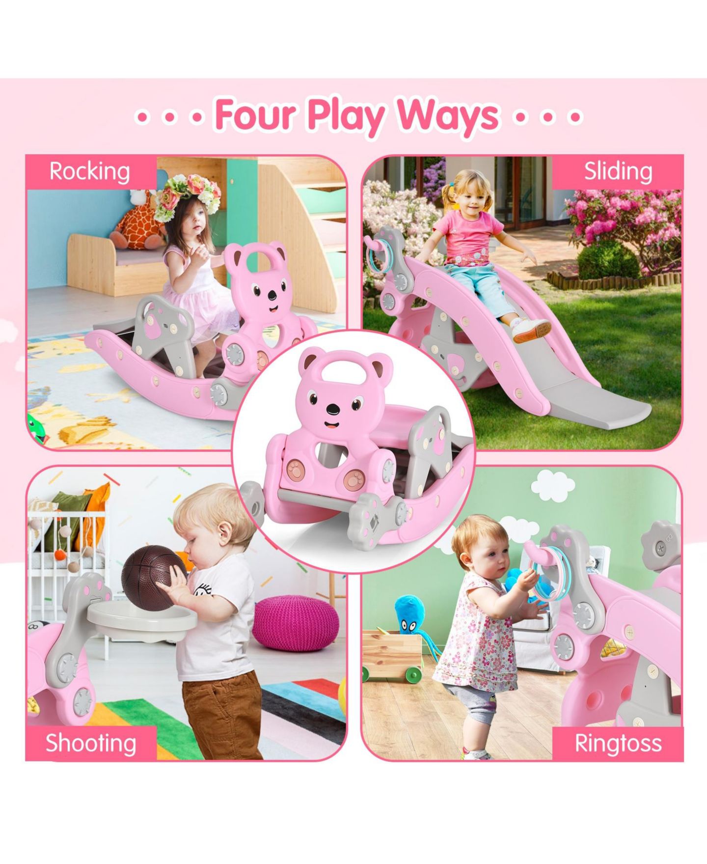 Детский игровой набор Mecale 4-in-1 Toddler Slide and Rocking Horse Playset with Basketball Hoop, Ages 1-5, цвет: Розовый — фото 10