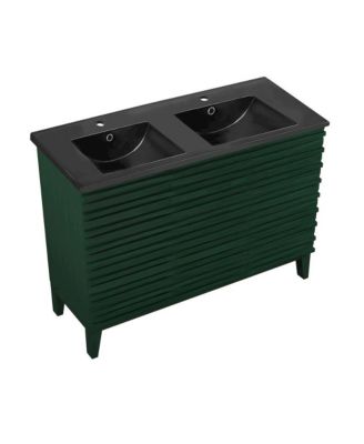 48" Freestanding Bathroom Vanity in Green Oak with Black Double Basin Sink Top
