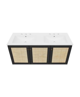 48" Wall-Mounted Bathroom Vanity, 3-Hole Widespread Double Basin Sink Top