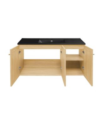 Classe 48" Wall-Mounted Bathroom Vanity in Natural Oak with Black Sink Top