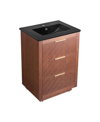 Daxton 24" Freestanding Bathroom Vanity in Brown Oak with Black Sink Top