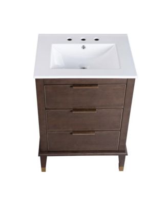 Hugo 24 in. Brown Oak Bathroom Vanity With White, 3-Hole Ceramic Sink Top