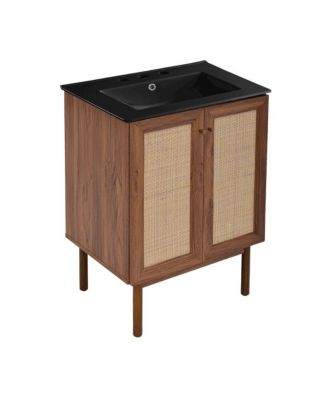 24" Freestanding Bathroom Vanity in Brown Oak, Black 3-Hole Centerset Sink Top