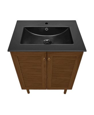 Bron 24" Freestanding Bathroom Vanity in Brown Oak with Black Sink Top