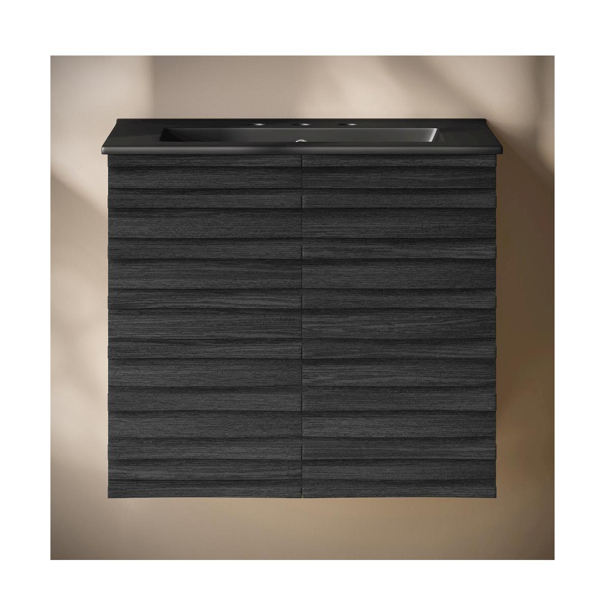 24" Wall-Mounted Bathroom Vanity in Black Oak, Black 3-Hole Widespread Sink Top