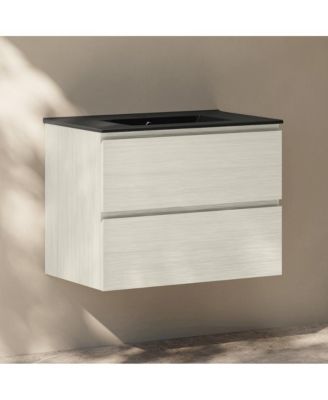 Liberte 30" Wall-Mounted Bathroom Vanity in White Oak with Black Sink Top