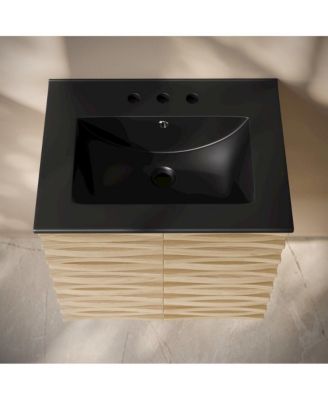 24" Wall-Mounted Bathroom Vanity, Natural Oak, Black 3-Hole Widespread Sink Top