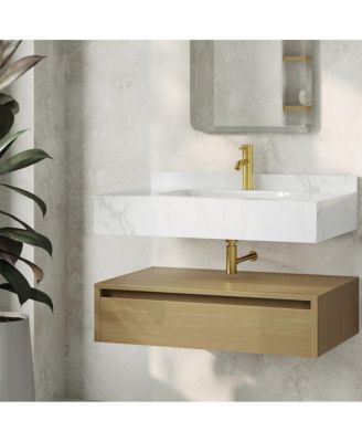 36" Wall-Mounted Bathroom Vanity in Natural Oak with White Marble Sink Top