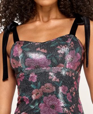 Juniors' Velvet Shoulder Tie Floral Sequin Dress