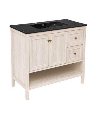 36" Freestanding Bathroom Vanity in White Oak, Black 3-Hole Widespread Sink Top
