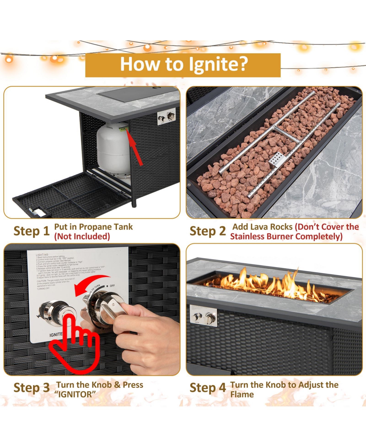 Mecale 52 Inch Rattan Wicker Propane Fire Pit Table with Rain Cover and Lava Rock