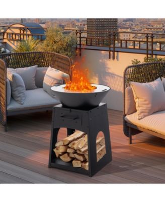 Patio Fire Pit with Firewood Log Rack with Grill and Ash Box