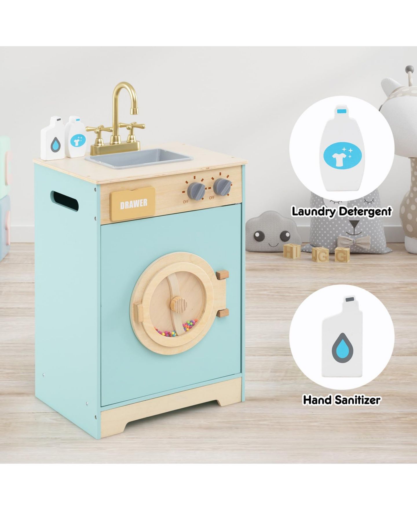 Детский игровой набор Mecale Wooden Washing Machine Playset with Realistic Sounds, 3-Piece, Ages 3+, цвет: Синий — фото 6
