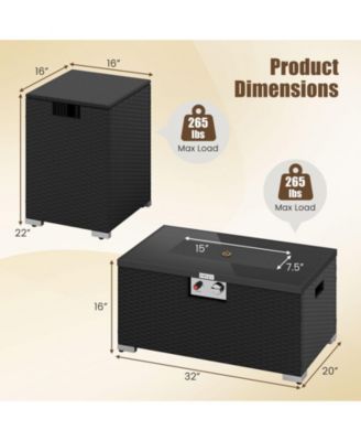 2-Piece Outdoor Rattan Fire Table Set 32 Inch Rectangle Gas Firepit with Tank Cover