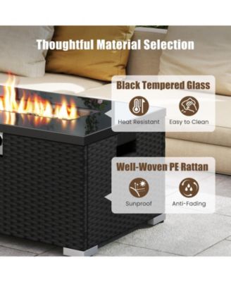 2-Piece Outdoor Rattan Fire Table Set 32 Inch Rectangle Gas Firepit with Tank Cover