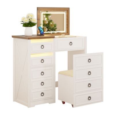 Vanity Desk with Mirror & Lights, Charging Station, Drawers & Chair
