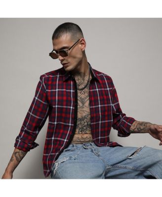 Men's Navy Blue & Red Tartan Plaid Shirt