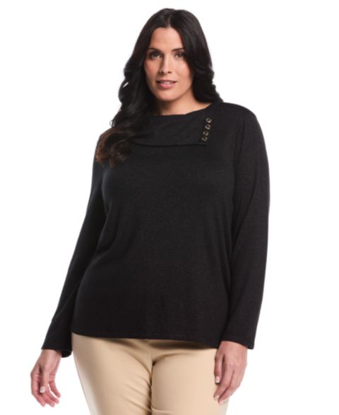 Женский топ Rafaella Plus Size Split Collar Long Sleeve, цвет: Чёрный