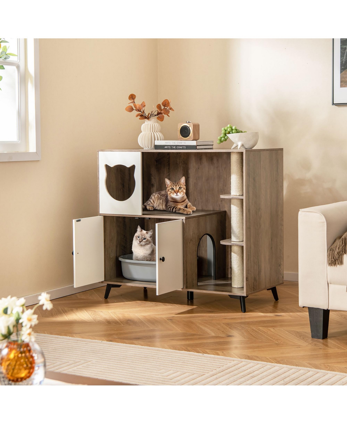Gymax Cat Litter Box Enclosure 5-in-1 Enlarged Cat Litter Cabinet Furniture