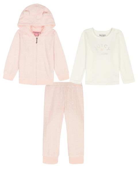 Комплекты Juicy Long-Sleeve Hoodie, T-Shirt, and Joggers, 3-Piece Set для девочек-малышей, цвет: Розовый / Белый
