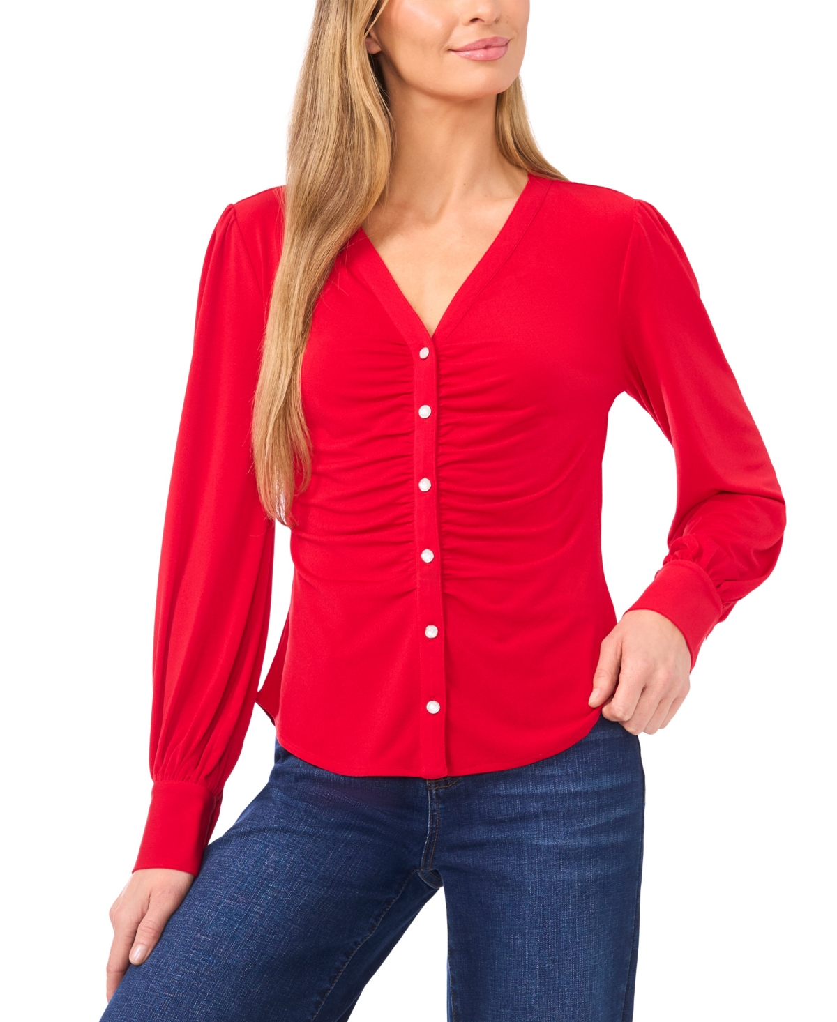 CeCe Women's V-Neck Long-Sleeve Shirred Knit Top