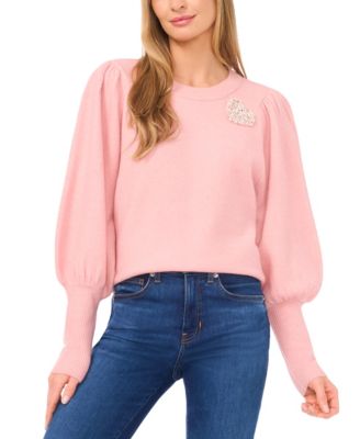 Women's Valentine's Crewneck Rhinestone Heart-Appliqu&eacute; Long-Sleeve Sweater