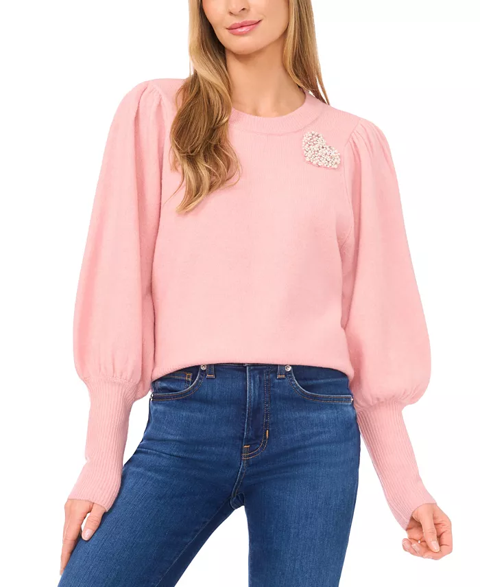 Women's Valentine's Crewneck Rhinestone Heart-Appliqu&eacute; Long-Sleeve Sweater