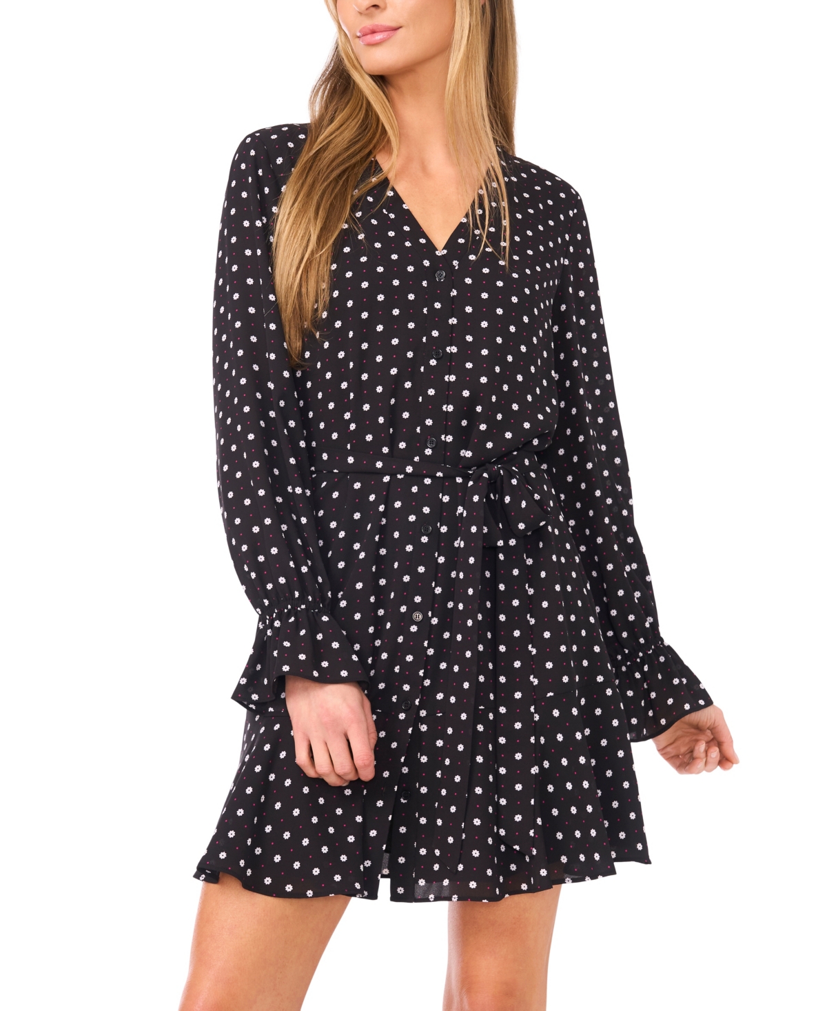 CeCe Women's V-Neck Long-Sleeve Tie Waist Dress