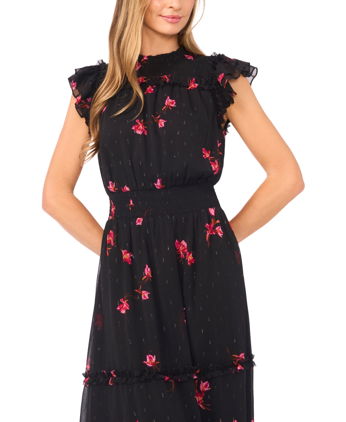 Cece Women's Flutter Sleeve Smocked Waist Midi Dress In Black