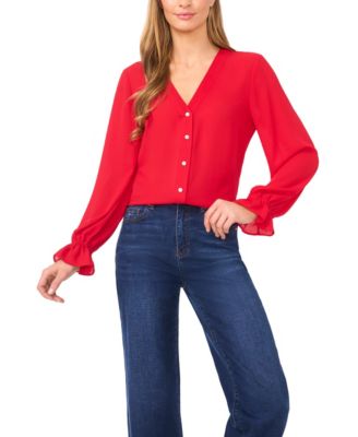 Women's V-Neck Button Down Lace Flounce Trim Top