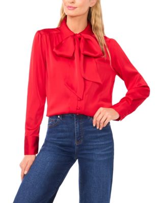 Women's Long-Sleeve Button Down Shirred Collared Top with Bow