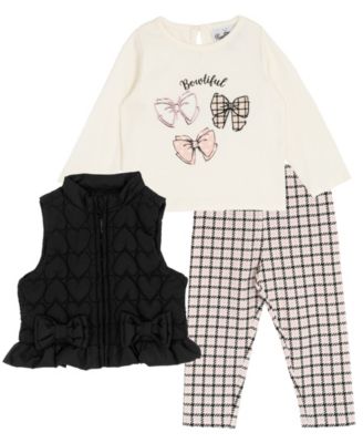 Baby Girls' Quilted Hearts Puffer Vest, Top and Leggings, 3-Piece Set