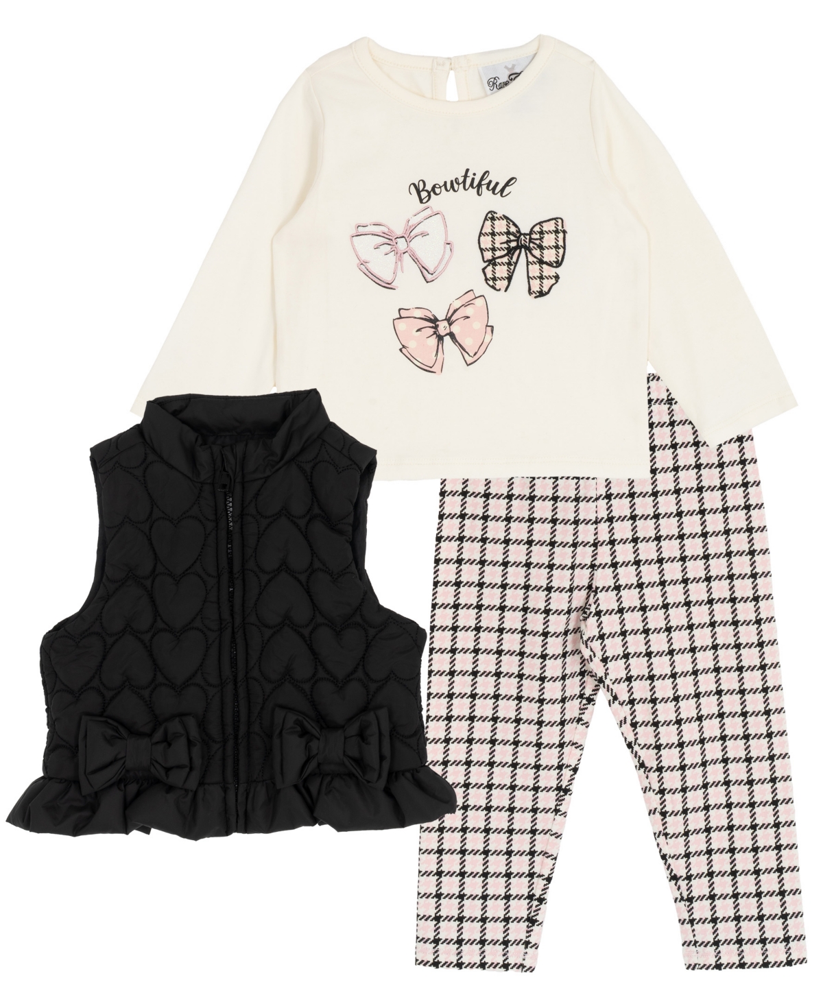Rare Editions Baby Girls 3-Piece Quilted Hearts Puffer Vest, Top and Leggings Set
